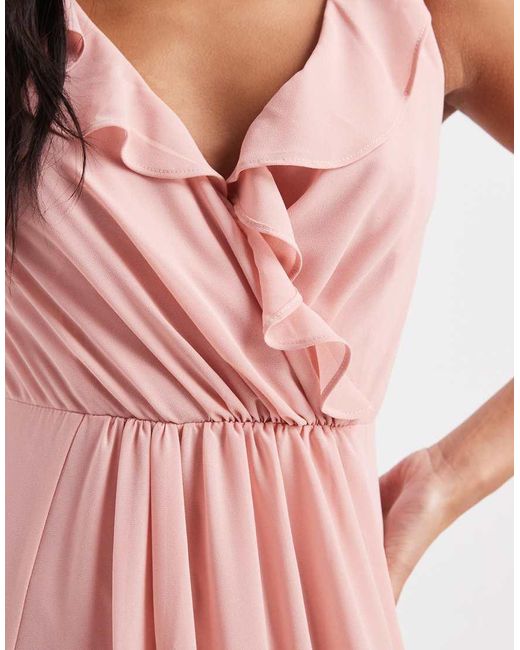 TFNC London Pink Bridesmaid Chiffon V Neck Ruffle Maxi Dress