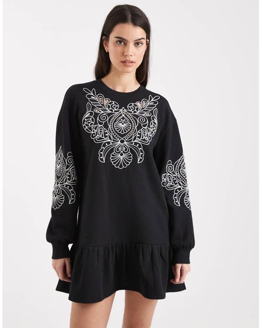 Miss Selfridge Black Cutwork Embroidered Drop Waist Sweat Dress