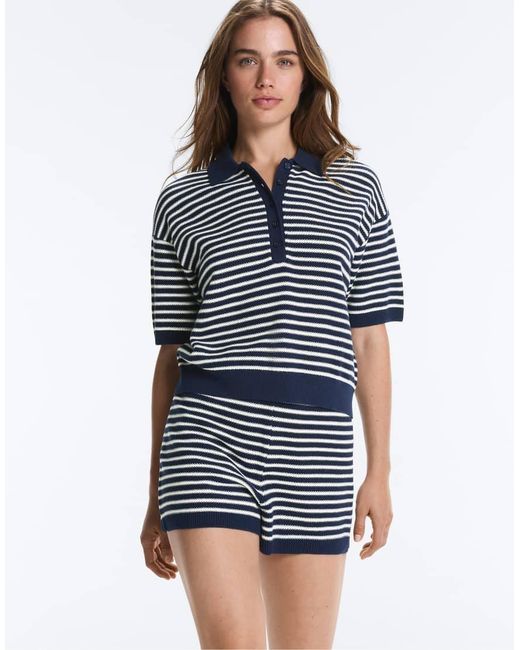 Oysho Blue 100% Cotton Striped Knit Polo Shirt