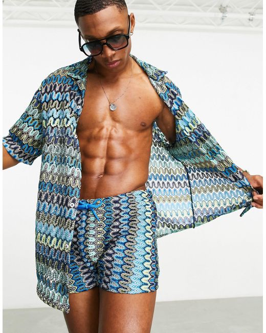 ASOS Blue Co-ord Textured Swim Trunks With Crochet for men