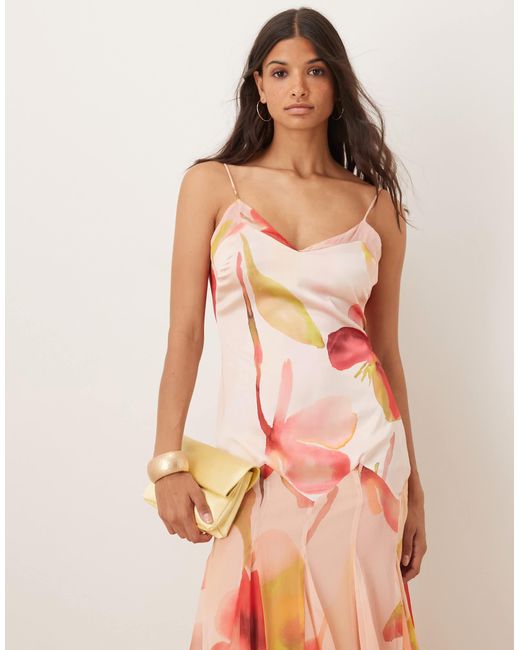 ASOS Pink Dropped Waist Satin And Chiffon Mix Maxi Dress With Full Godet Skirt