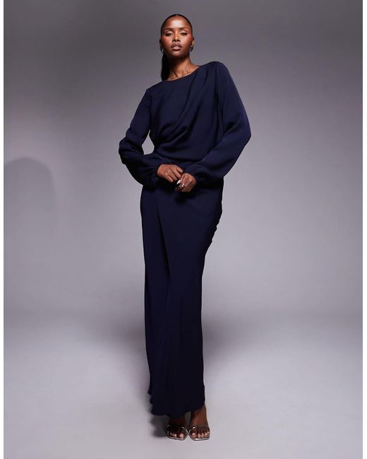 ASOS Long Sleeve Twist Waist Detail Maxi Dress With Open Back in Blue ...