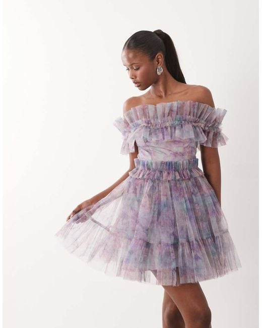 LACE & BEADS Purple Tulle Strapless Ruffle Detailing Mini Skater Dress