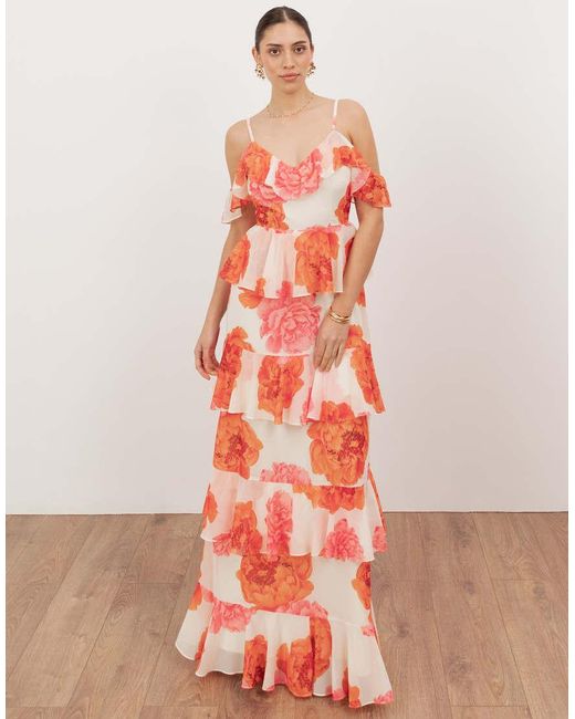 ANAYA Orange Floral Cold Shoulder Tiered Maxi Dress