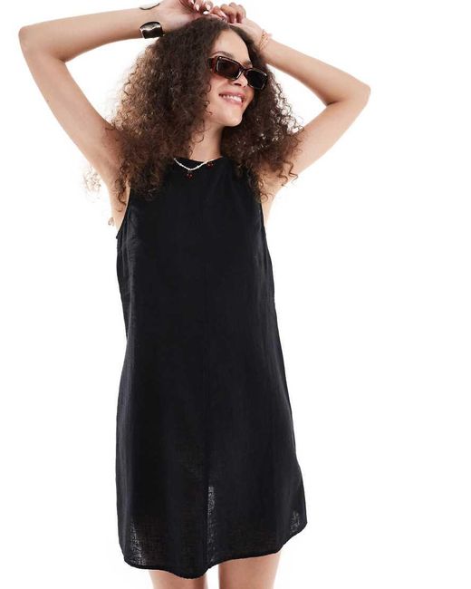 Monki Black Linen Mini Dress With Open Back And Tie Up Detail