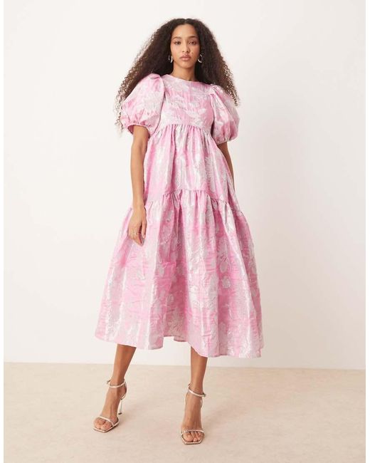 Sister Jane Pink Puff Sleeve Jacquard Midi Dress