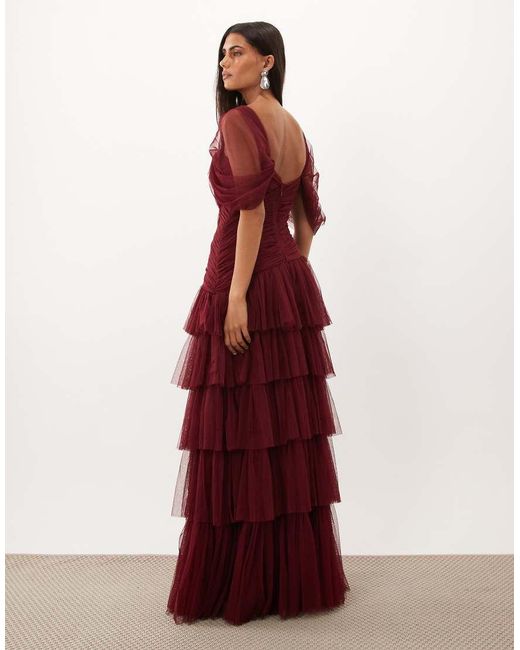 LACE & BEADS Red Tulle Fallen Shoulder Asymmetric Ruffle Detail Maxi Dress