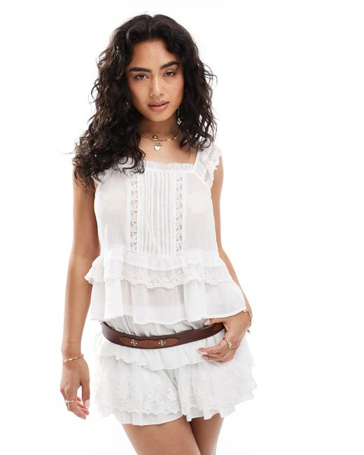 ASOS White Cami Top With Pleated Front And Ruffle Lace Shoulders