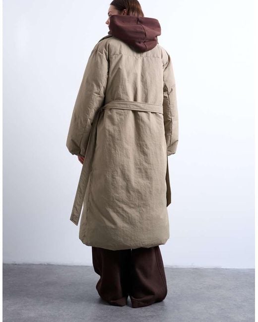 TOPSHOP Natural Funnel Neck Longline Belted Puffer Jacket