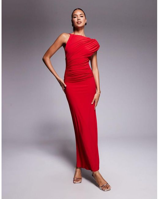 ASOS Red Slinky Maxi Dress With Shoulder Pad And Sculpted Seams