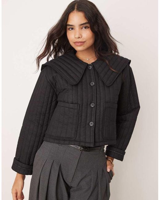 ASOS Quilted Jacket With Collar in Black | Lyst UK
