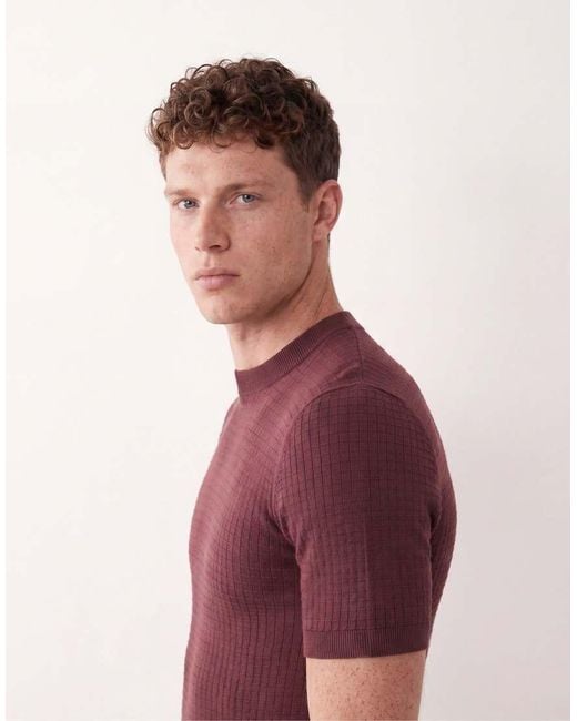 ASOS Red Muscle Fit Short Sleeve Knitted Waffle Crew Neck T-shirt for men