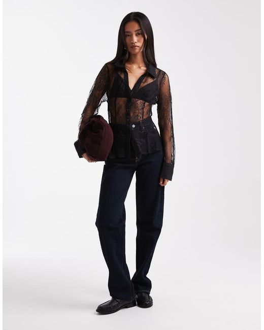 Camisa Negra Entallada De Encaje De Miss Selfridge de color Black