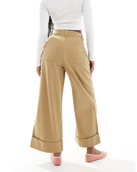 ASOS Natural Brushed Wide Leg Turn Up Ankle Grazer