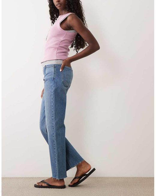 Abercrombie & Fitch Blue High Rise Straight Leg Jeans With Raw Hem