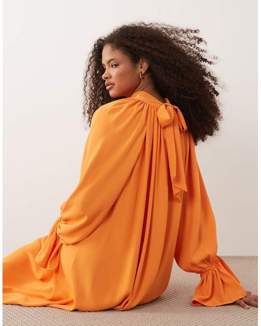 Iyal Orange High Neck Cuff Sleeve Detail Maxi Dress