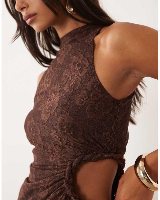 ASOS Natural Lace Maxi Dress With Ruched Cut Out Detail