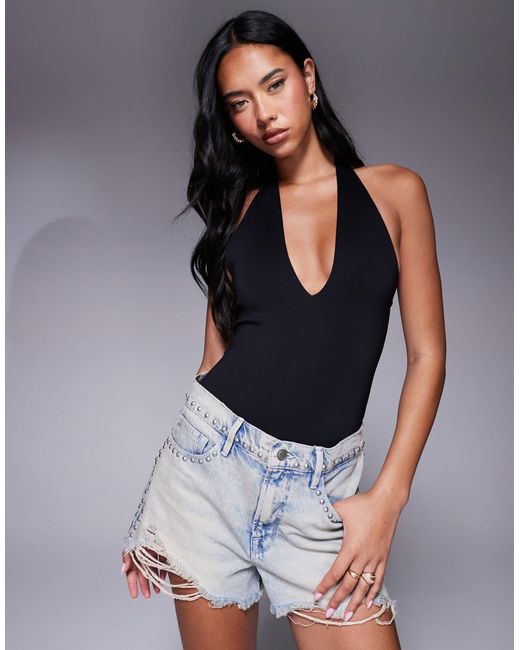 GOOD AMERICAN Blue Scuba Halter V Neck Bodysuit