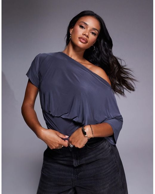 ASOS Blue Asymmetric One Shoulder Short Sleeve Cinch Waist Top