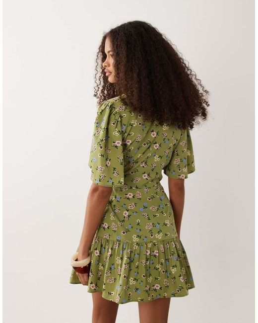 Wednesday's Girl Green Floral Wrap Detail Flutter Sleeve Mini Dress