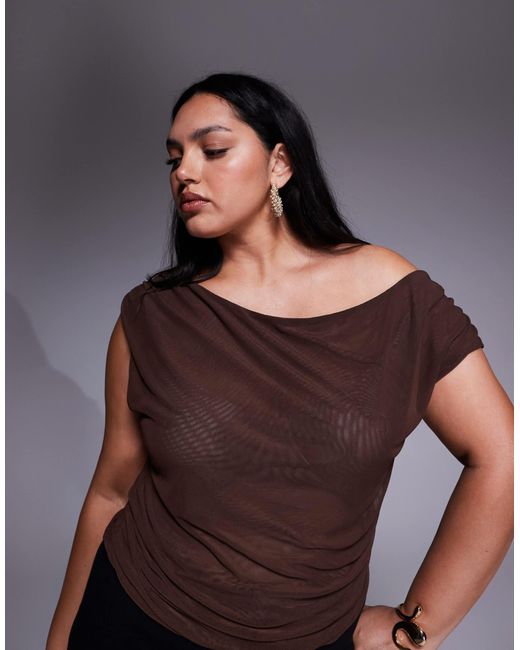 ASOS Gray Asos Design Curve Mesh Ruched Asymmetric Top