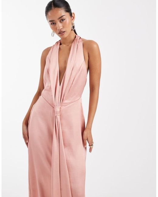 TFNC London Pink Bridesmaid Satin Plunge Halter Neck Tassel Detail Maxi Dress