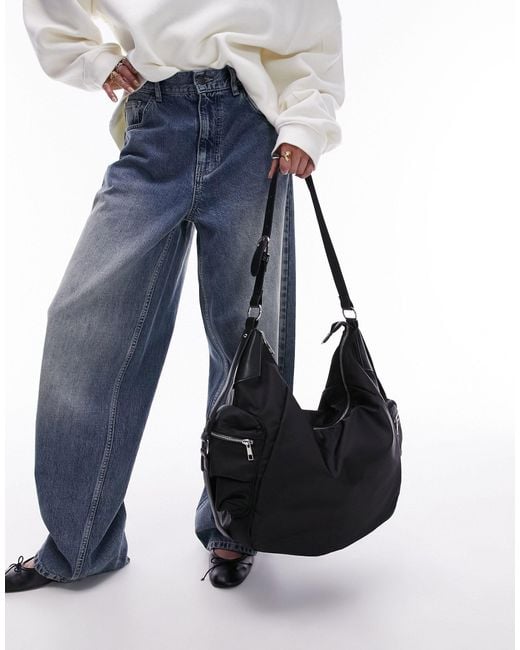 TOPSHOP Black Tate Slouchy Nylon Tote Bag With Pocket Detail