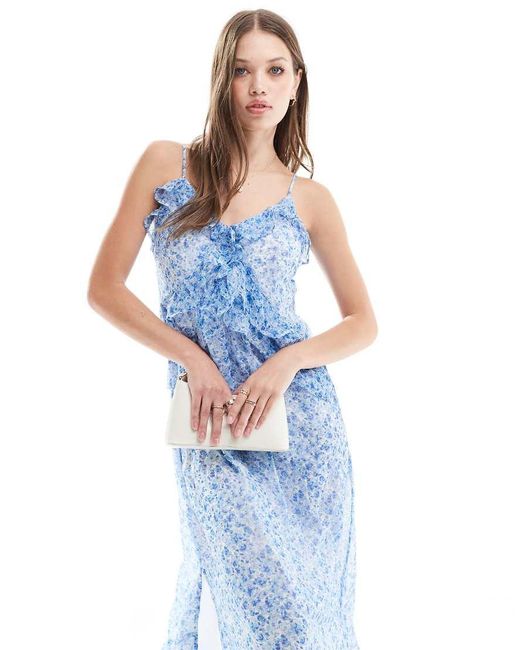 Vero Moda Blue V Neck Midi Cami Dress With Frill Details