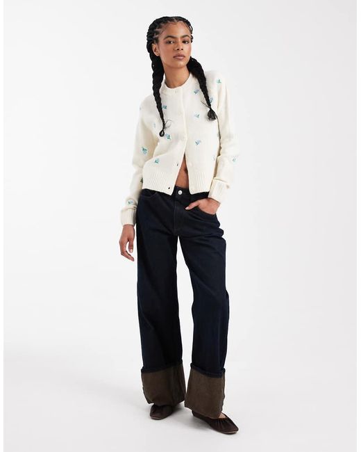 Threadbare White Contrast Stitch Cardigan With All Over Floral Embroidery