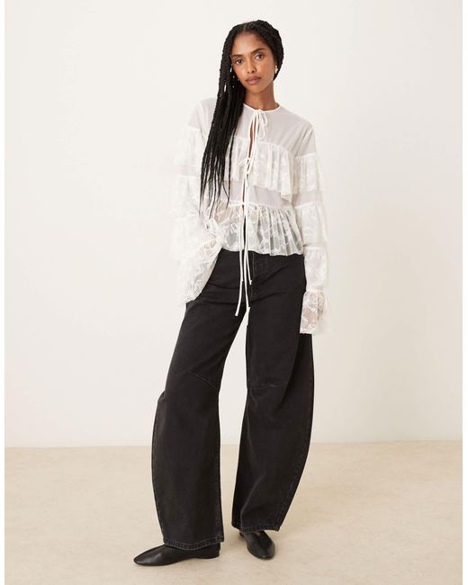 ASOS Natural Tie Front Layered Ruffle Blouse With Lace Inserts