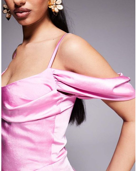 Vesper Pink Bardot Midi Dress With Draped Neckline