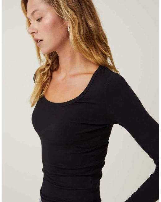 Cotton On Black Rib Scoop Neck Long Sleeve Top