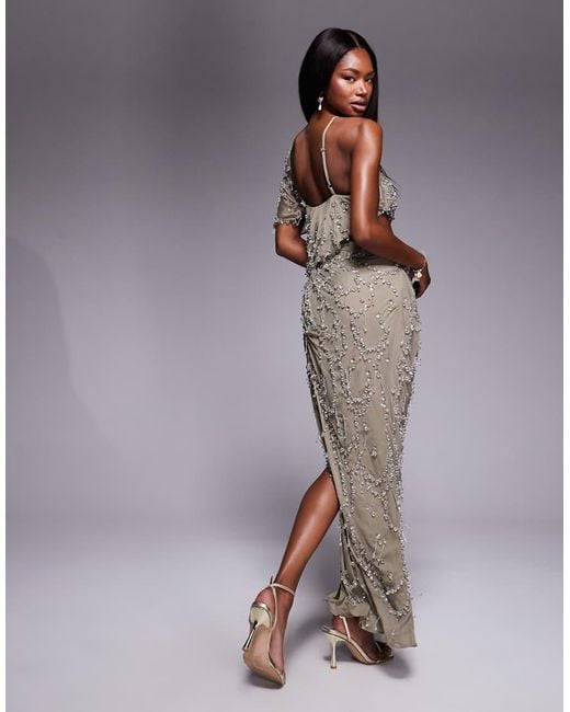 ASOS Gray Draped Off Shoulder Bandeau Maxi Dress With Beaded Embellishment
