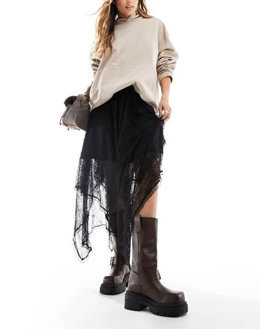 Miss Selfridge Black Lace Hanky Hem Maxi Skirt