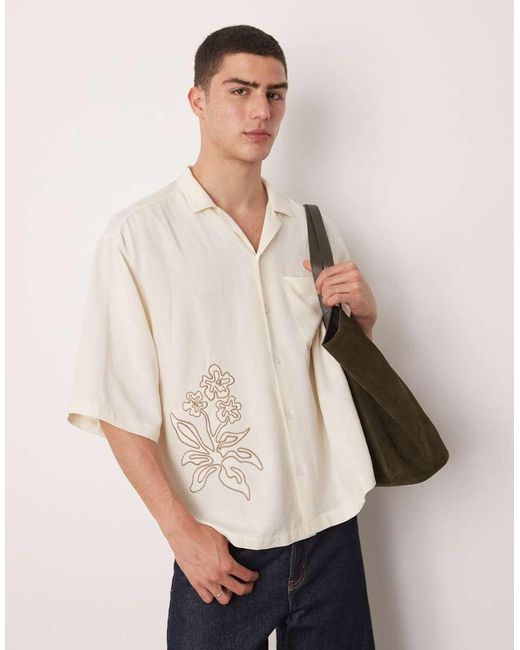 ASOS Natural Oversized Boxy Linen Look Shirt With Embroidery for men