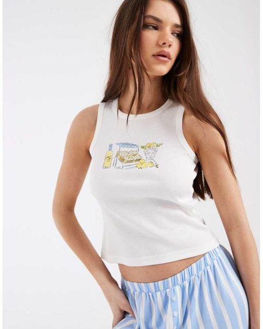 Loungeable Blue Lemon Print Rib Singlet And Jersey Pants Pyjama Set