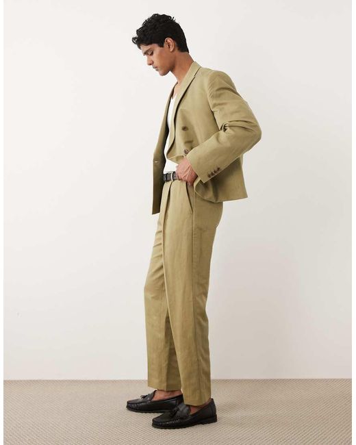ASOS Natural Tapered Linen Rich Suit Trousers for men