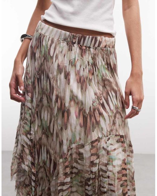 AllSaints Multicolor Danae Distressed Ruffle Printed Midi Skirt