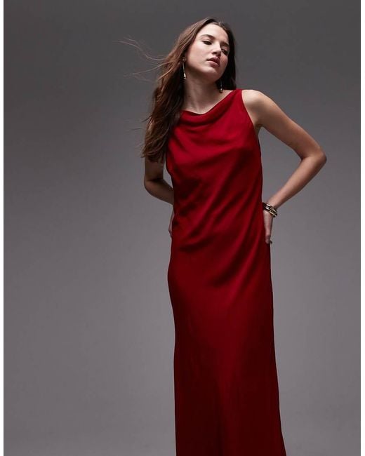 Mango Red Satin Drape Neck Maxi Dress