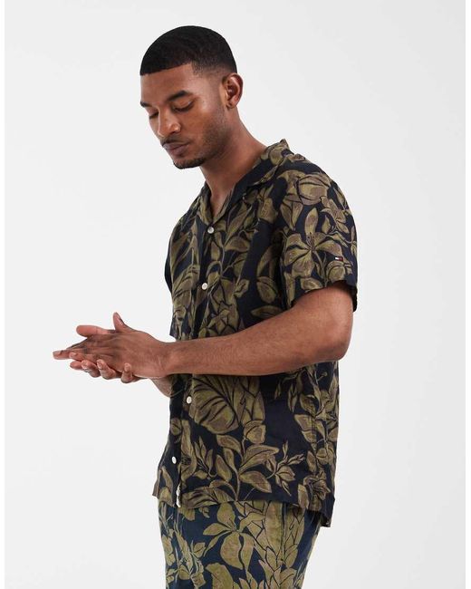 Tommy Hilfiger Black Linen Short Sleeve Shirt Co-ord for men