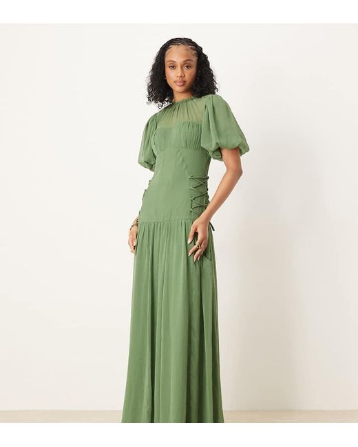 Vestido Semilargo Verde Con Mangas Abullonadas De Chifón De Asos Design Tall ASOS de color Green