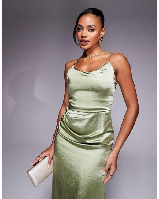 Vesper Green Satin Strappy Maxi Dress With Split