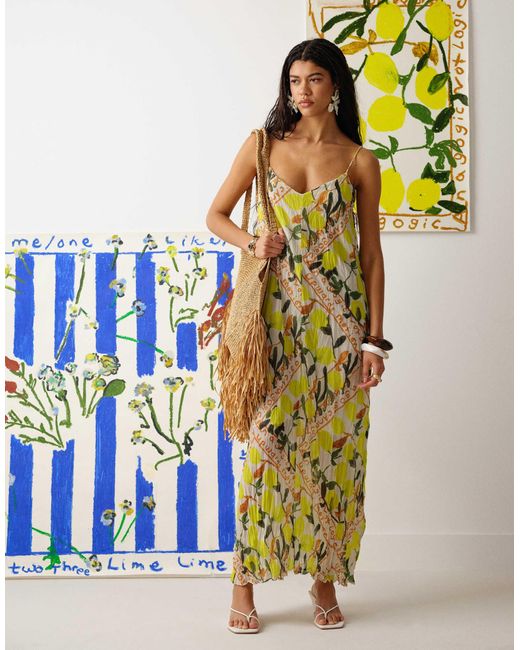 TOPSHOP Metallic Crinkle Mesh Bradley.b Lemon Print Maxi Dress