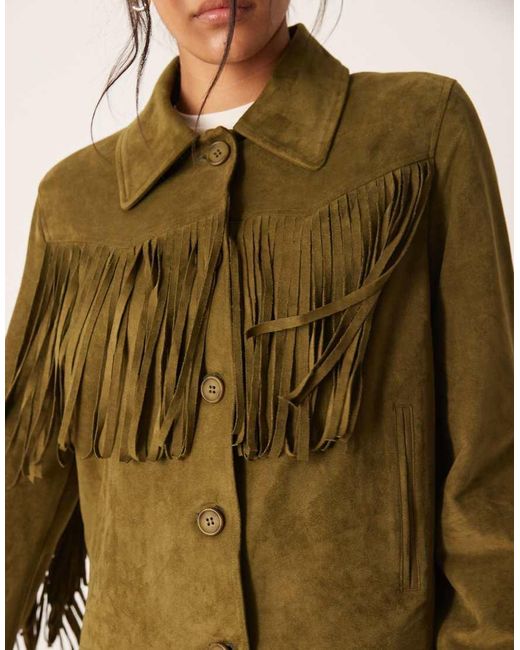 Urbancode Fringed Faux Suede Jacket in Green | Lyst UK
