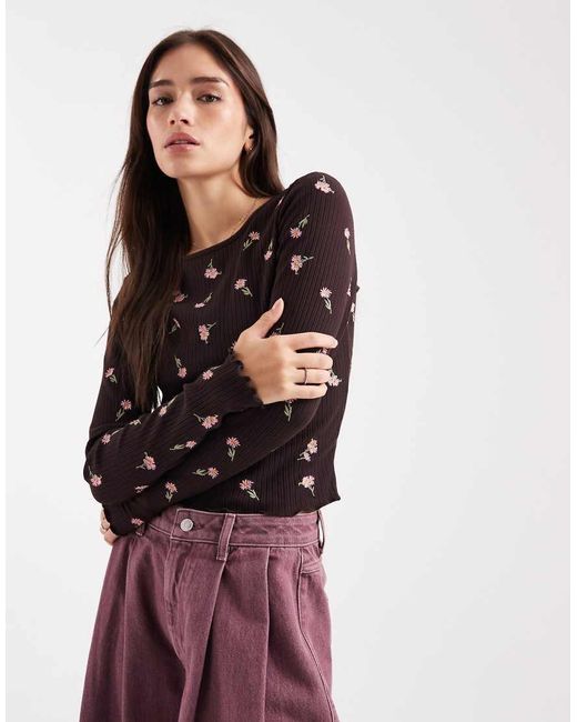 Miss Selfridge Multicolor Embroidered Long Sleeve Tee