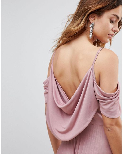 Cold shoulder cowl back pleated maxi dress cheap