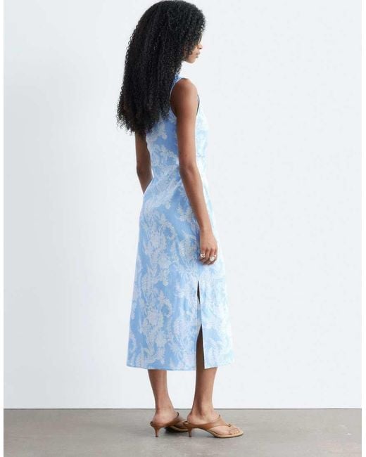 & Other Stories Blue Rich Linen Asymmetric Boatneck Midi Dress