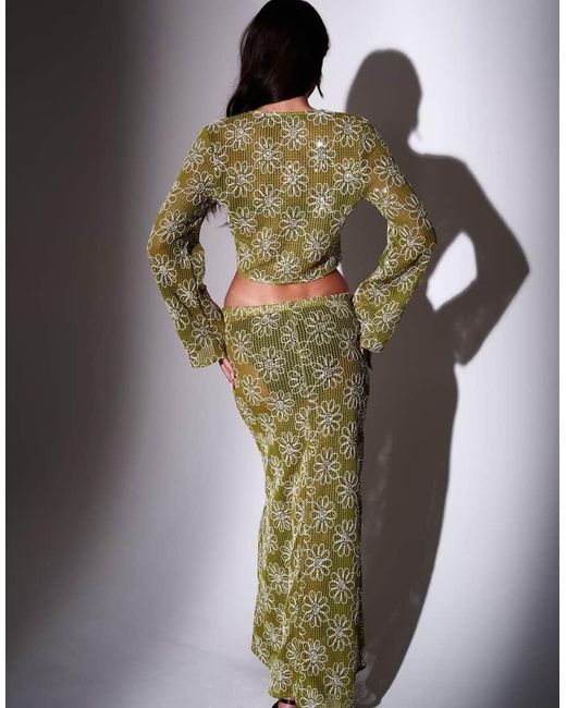 South Beach Green Crochet Floral Sequin Maxi Skirt