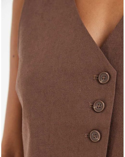 Pieces Brown Asymmetric Linen-touch Tailored Waistcoat Co-ord