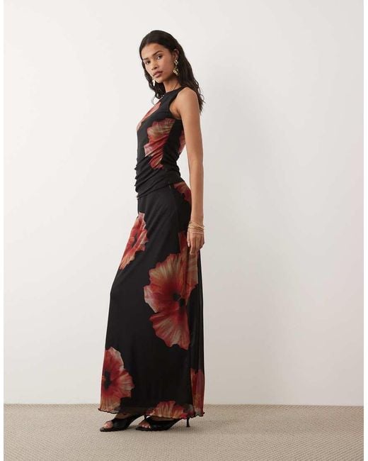 Jdy Black Ruched Mesh Skirt With Floral Print